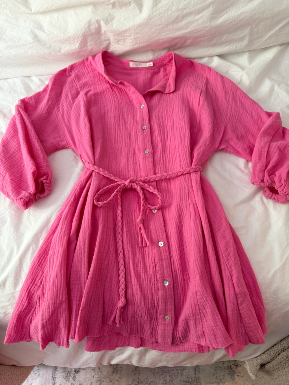 Hot Pink Braided-Tie Button Front Mini Dress